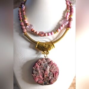 Pink Rhodochrosite Pendant In Two Strand Rhodochrosite & Jasper Bead Necklace